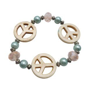 Handcrafted Peace Sign Pearl Stretch Bracelet Boho Chic Beaded Accessory